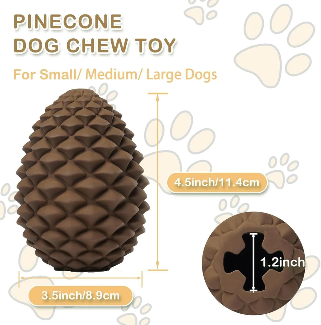 Yellow pine cone-shaped natural rubber dog chew toy with textured surface.