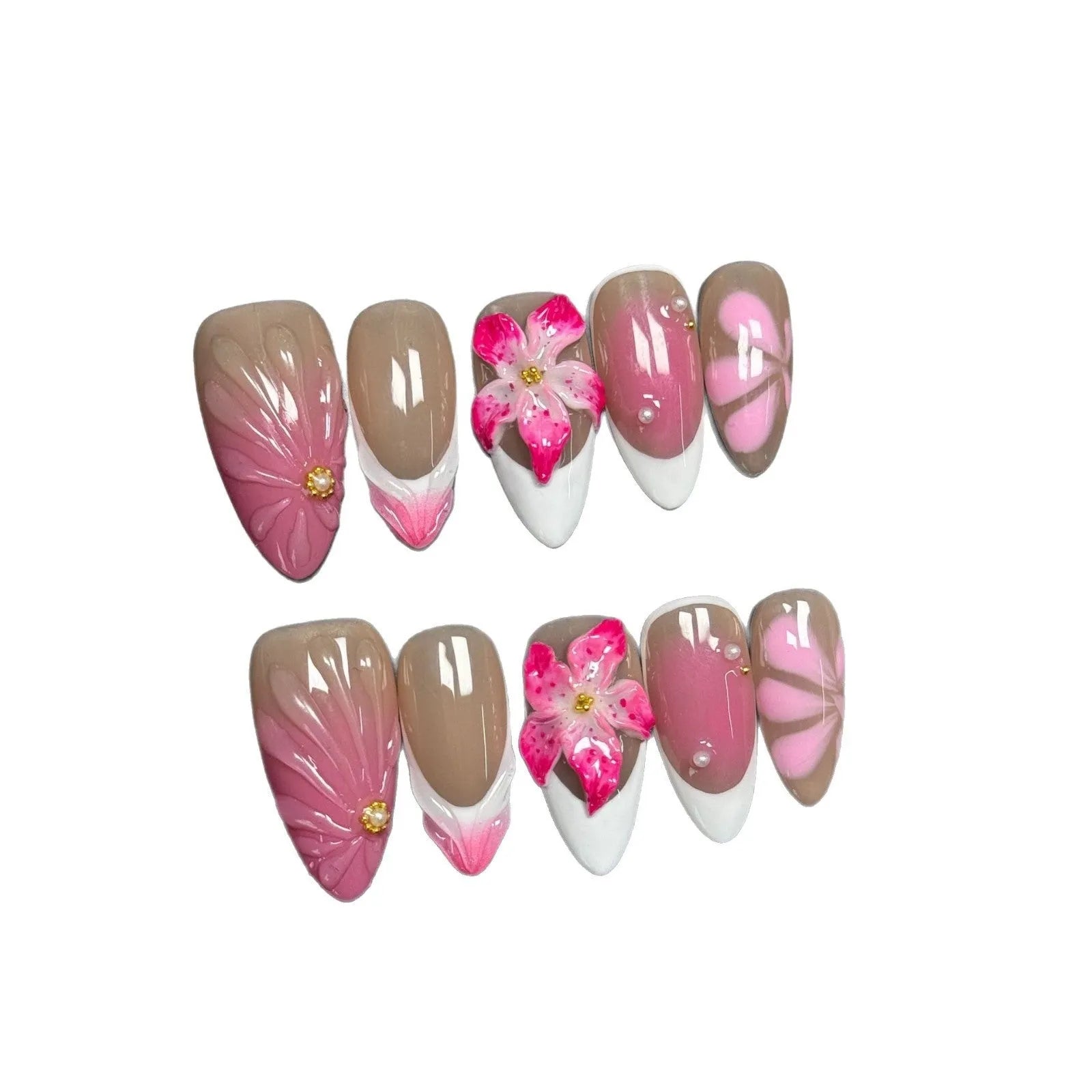 Set of white plastic almond-shaped nail tips with 3D raised lily and ice flower French manicure design.