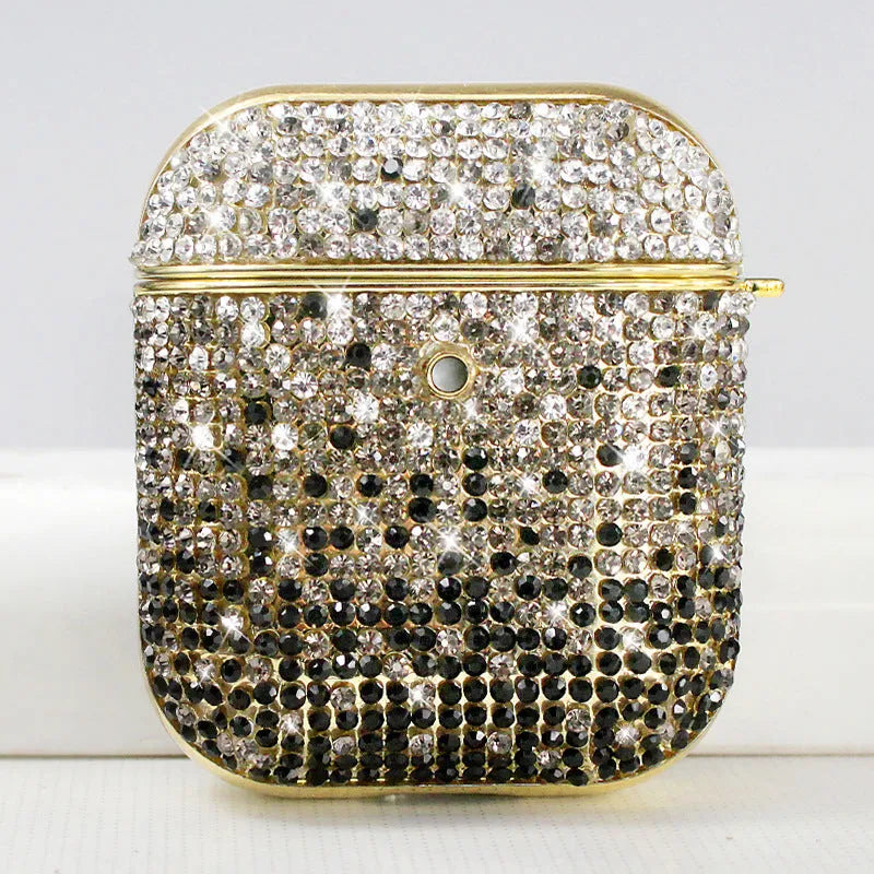 Black PC plastic flip-style earphone cover with rhinestone decoration for Airpods