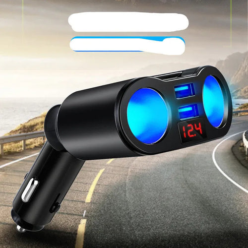 Car Bluetooth FM transmitter and USB charger unit for cigarette lighter socket in black finish.