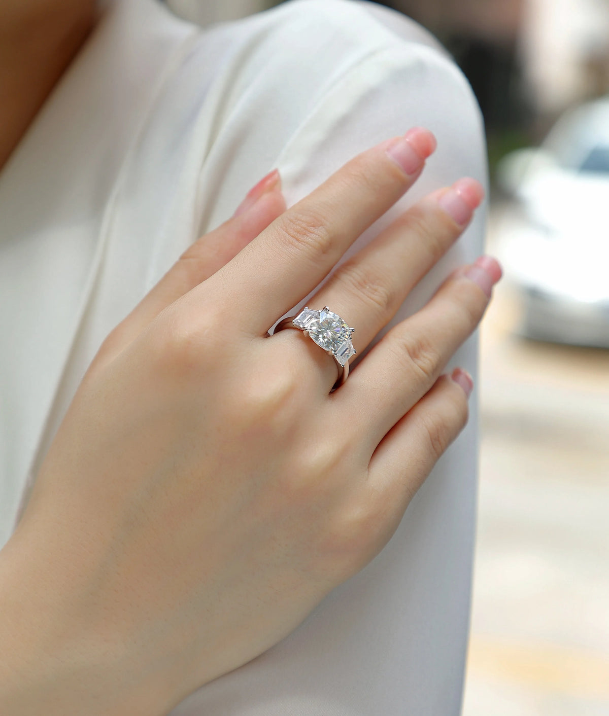 Moissanite wedding ring set with 9x9mm square stone, S925 silver platinum plated, sizes 5-9, gift box