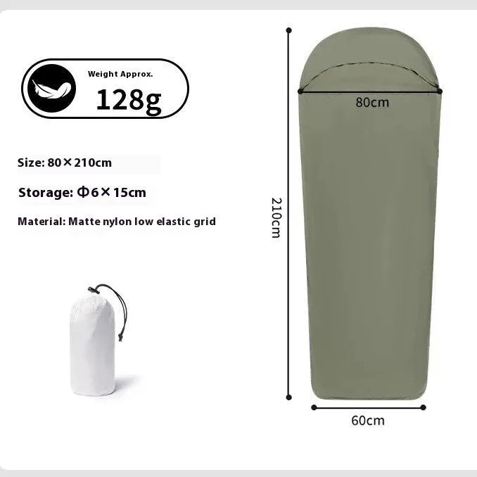 Blue mummy-style nylon camping sleeping bag with tapered design, shown rolled and unrolled.
