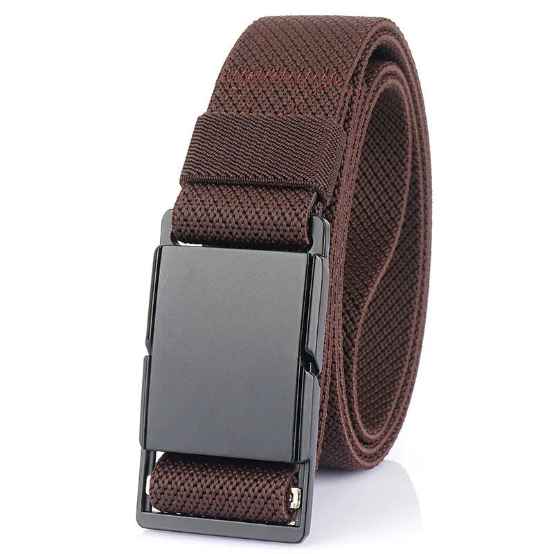 Metal magnetic buckle casual belt in polyester fibre, shown in one of five colours.