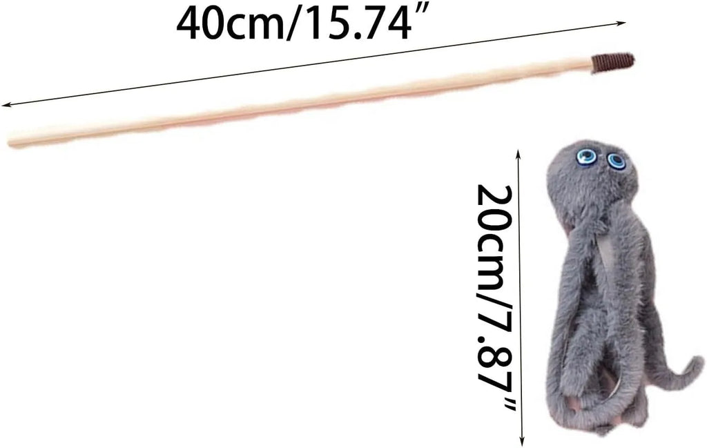 Octopus-themed cat toy with long stick handle in grey, pink, purple, or red colour options