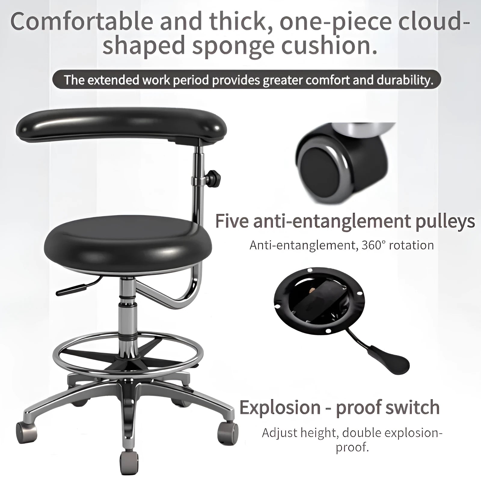 Black leather dental examination chair with manual hydraulic lift mechanism