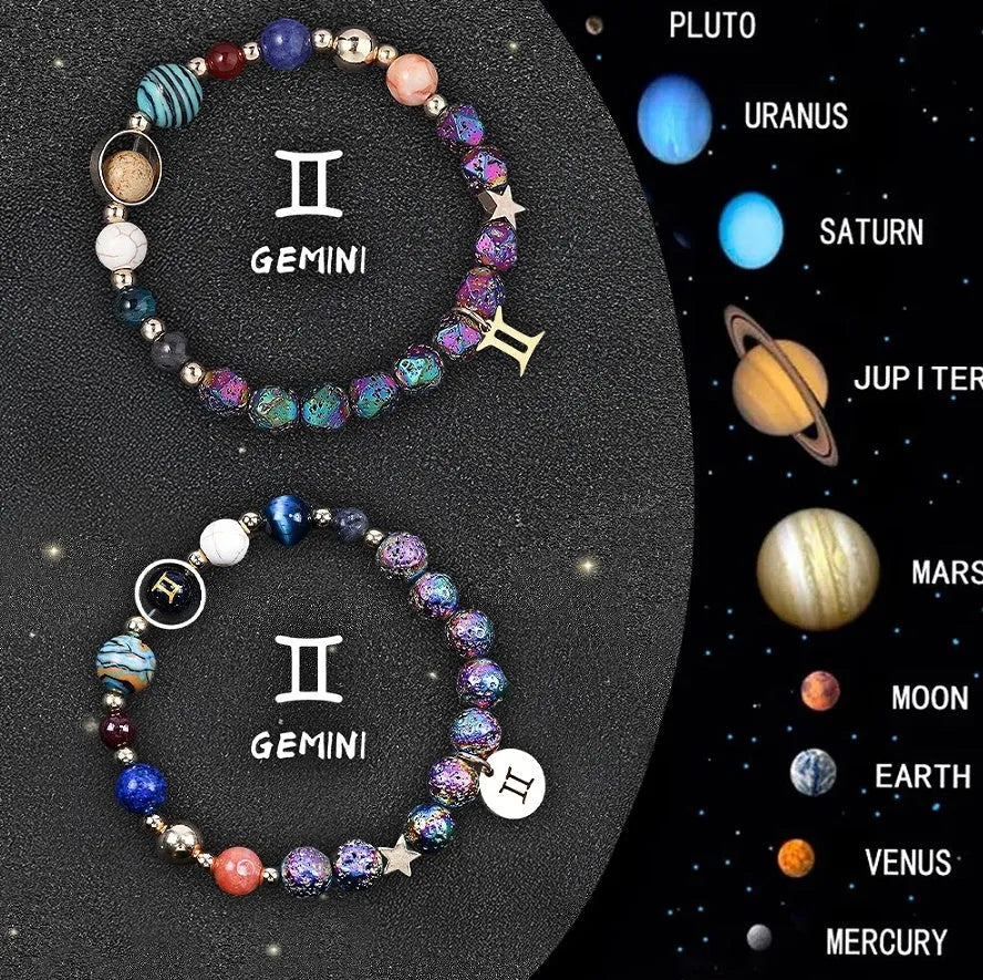 Pair of natural stone beaded bracelets with zodiac charms on a wrist, showing adjustable lobster clasp.
