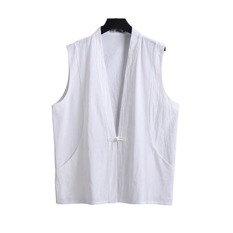 Men's loose-fitting sleeveless linen vest in solid colour for summer wear