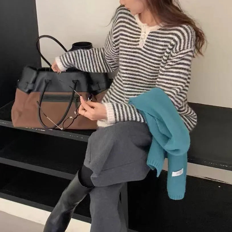 Women's red and blue striped cashmere pullover sweater with plaid patterns and long sleeves