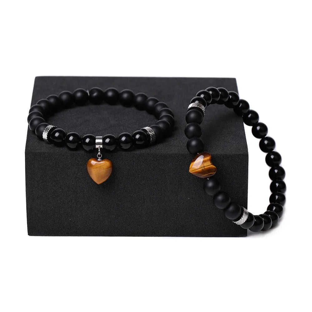Natural stone couple love bracelet set with heart-shaped gemstone charms in various colours