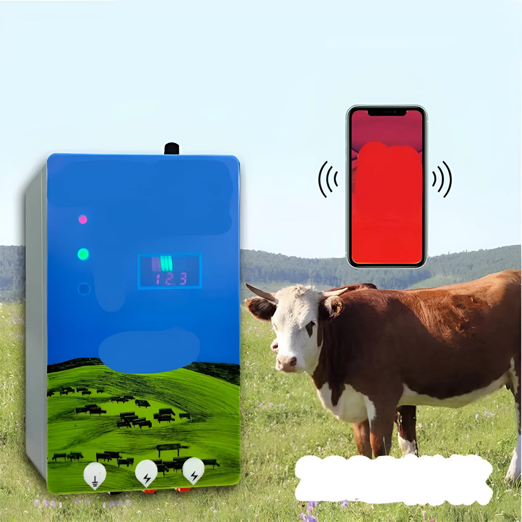 Pasture electric fence control host unit with alarm display and solar panel for livestock containment.