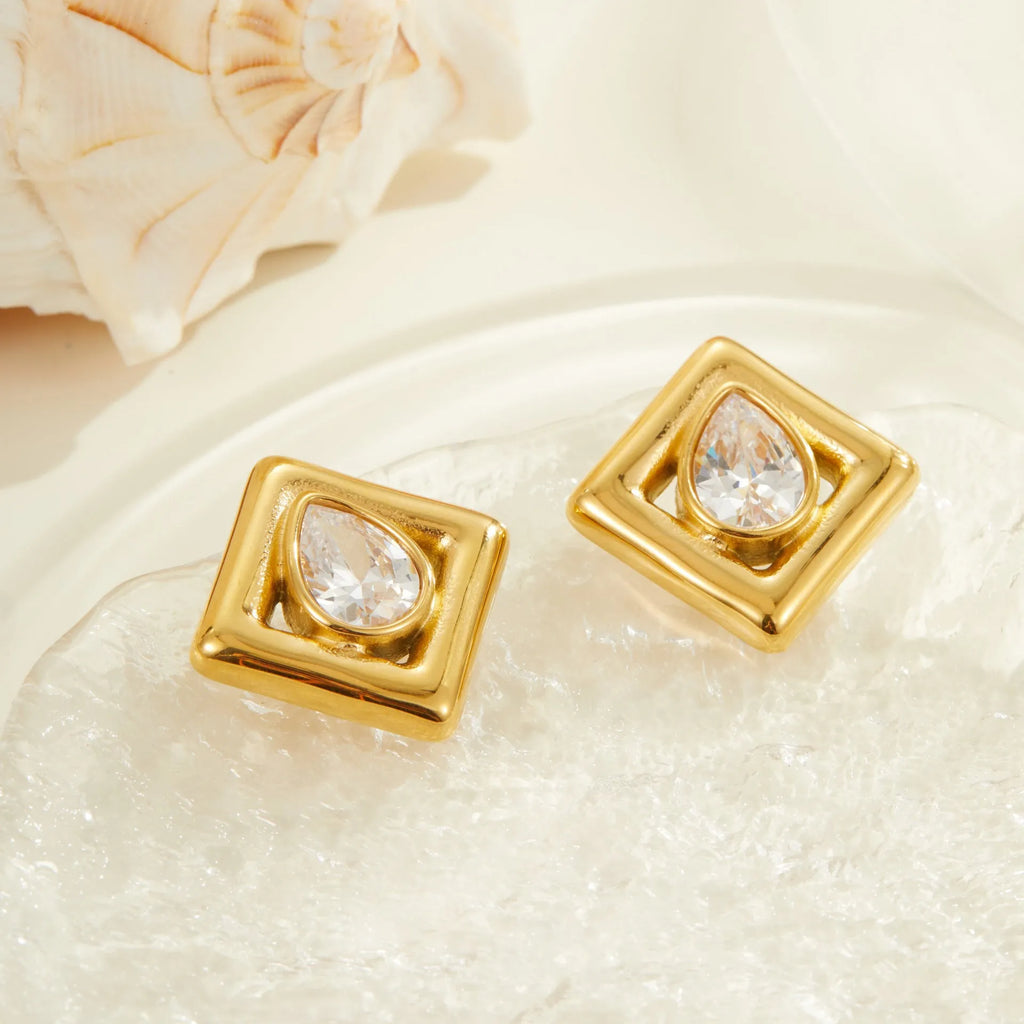 Geometric water drop zircon stud earrings in stainless steel with gold electroplating