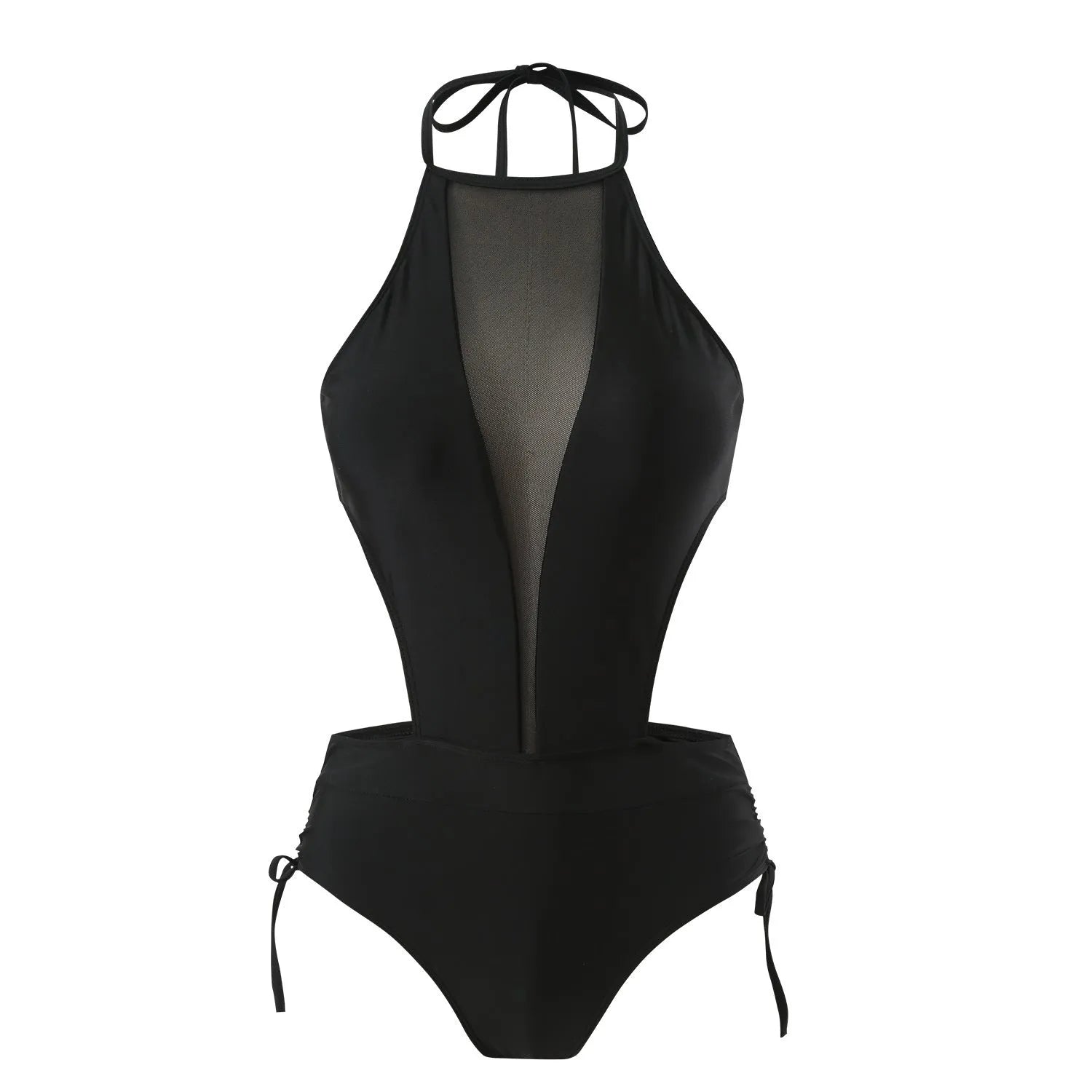Black one-piece swimsuit with hollow-out strap design across back