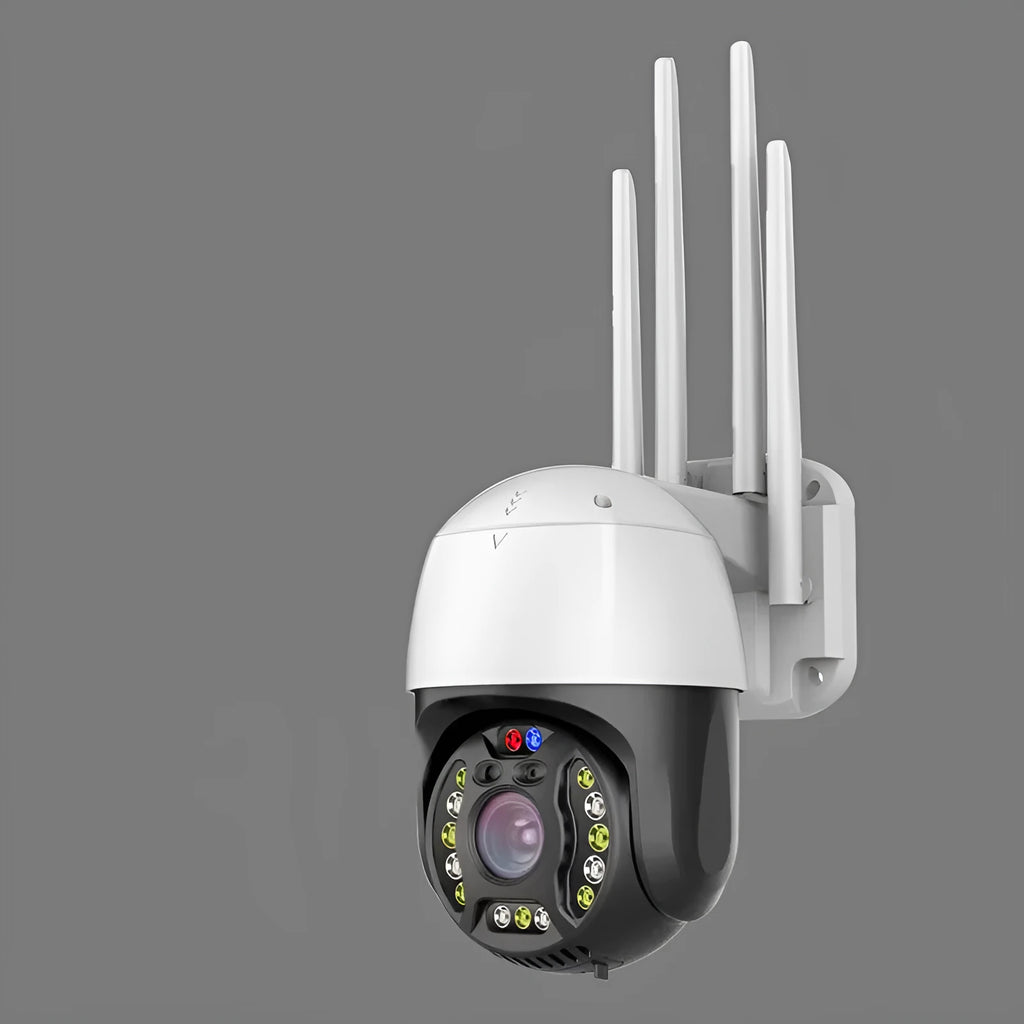 Outdoor dome surveillance camera with 360-degree rotation on a wall mount, showing infrared LEDs for night vision.