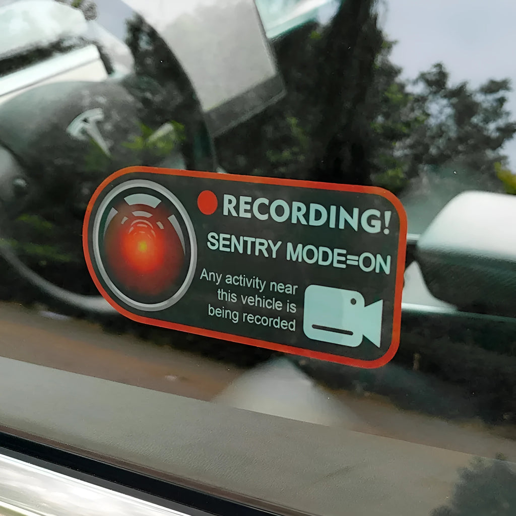 Tesla Sentry Mode warning stickers with electrostatic PVC construction measuring 11x5 cm