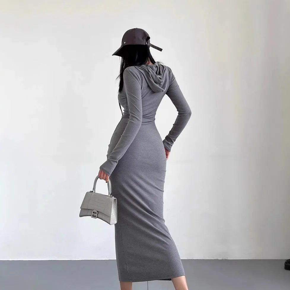 Women's grey hooded sheath dress with long sleeves and high waist design