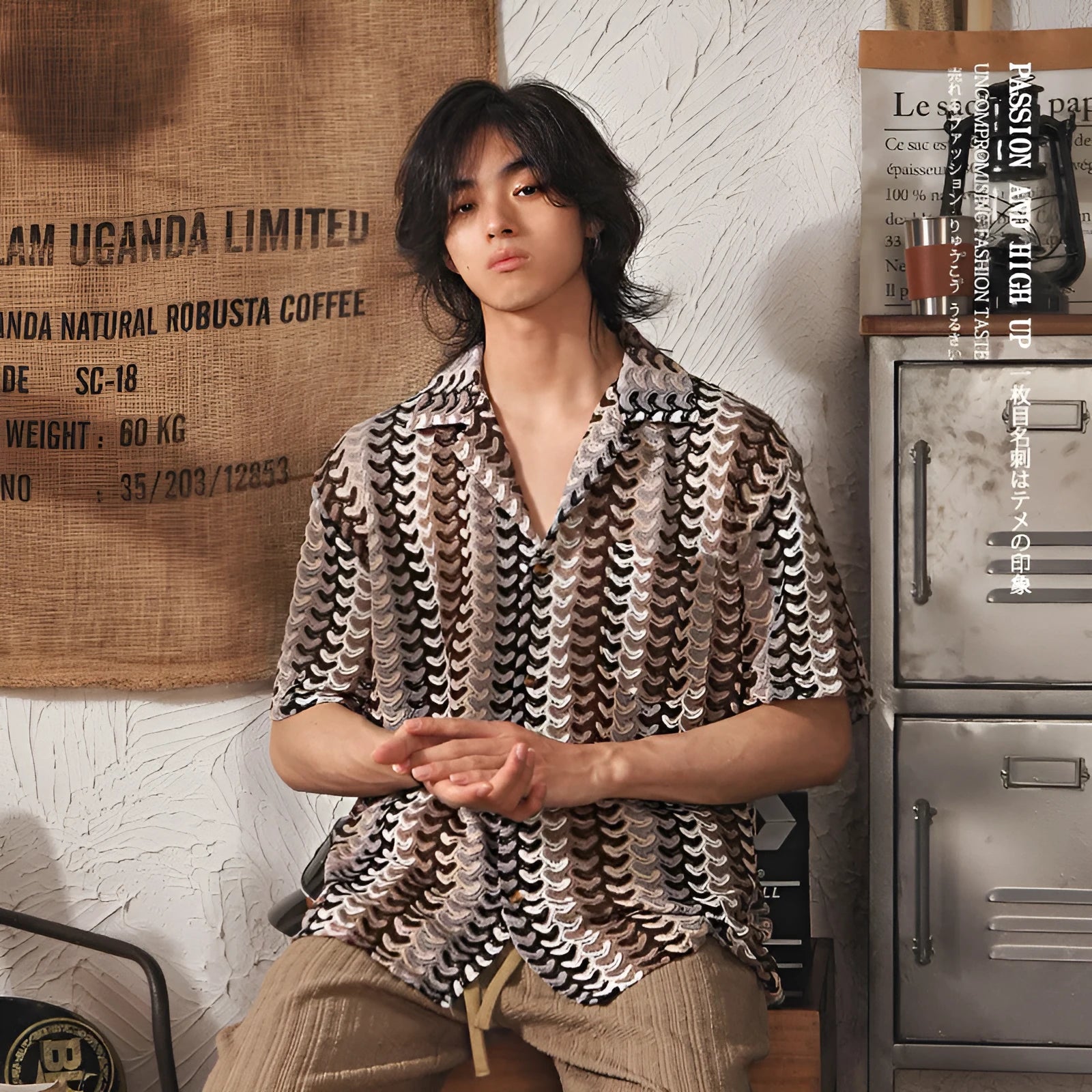 Japanese style Cuban collar polyester shirt in grey and red colours with hollow jacquard design