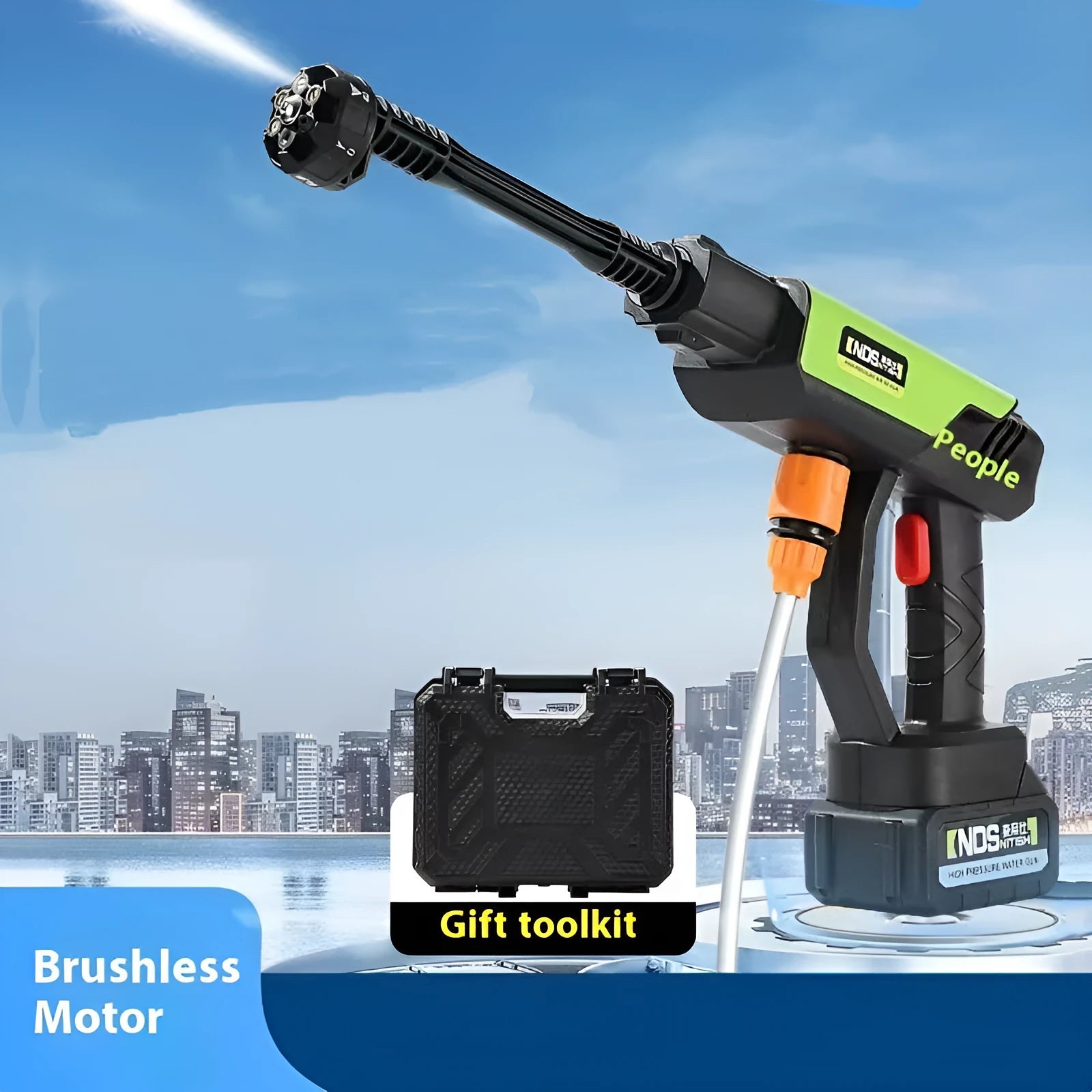 Wireless high pressure water gun with multi-function nozzle in green or yellow plastic zinc alloy construction