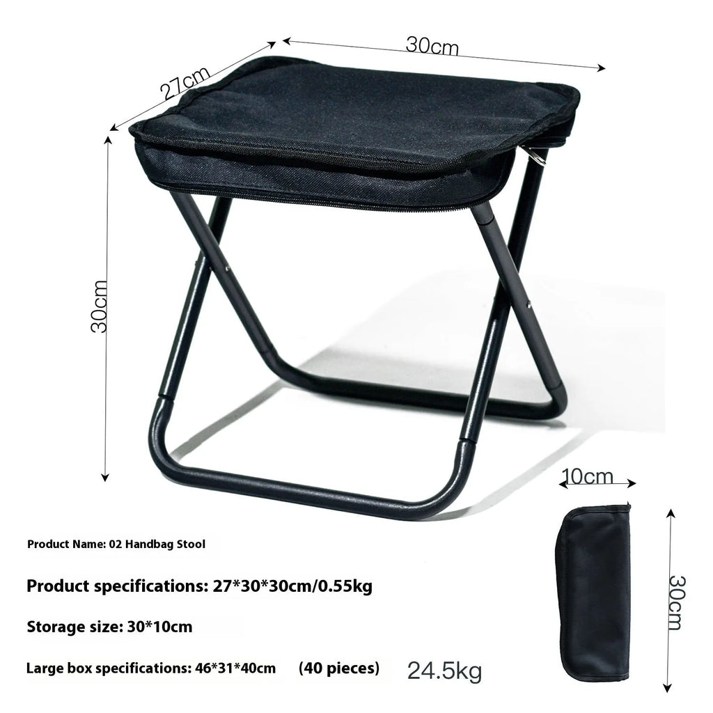 Outdoor foldable camp chair stool in Oxford fabric shown in khaki colour, folded in pencil box shape.