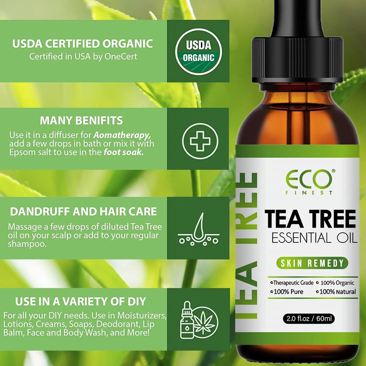 Tea tree oil essential oil bottle 60ml for acne skincare and massage applications
