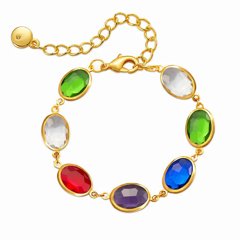 Women's geometric ellipse bracelet with glass inlay accents on copper base in blue, green, and multicolor options
