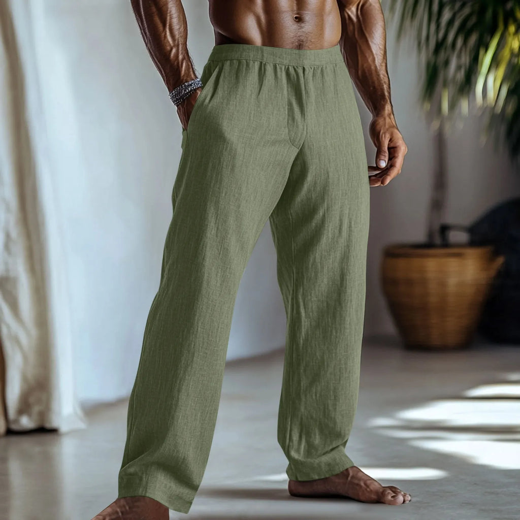 Cotton and linen straight-leg trousers in light green colour with visible pockets and straight hem