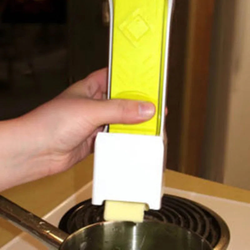 Yellow ABS plastic butter cutter with one-button dispenser and stainless steel blade for 4.75-inch bars