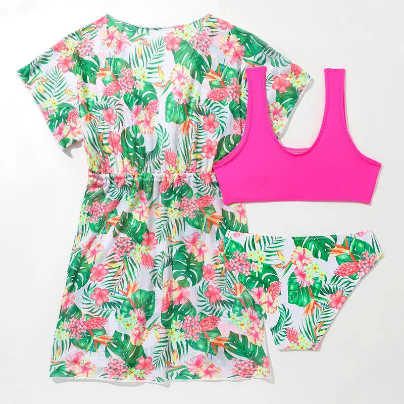 Girls' floral print three-piece swimsuit set with overclothes for swimming.