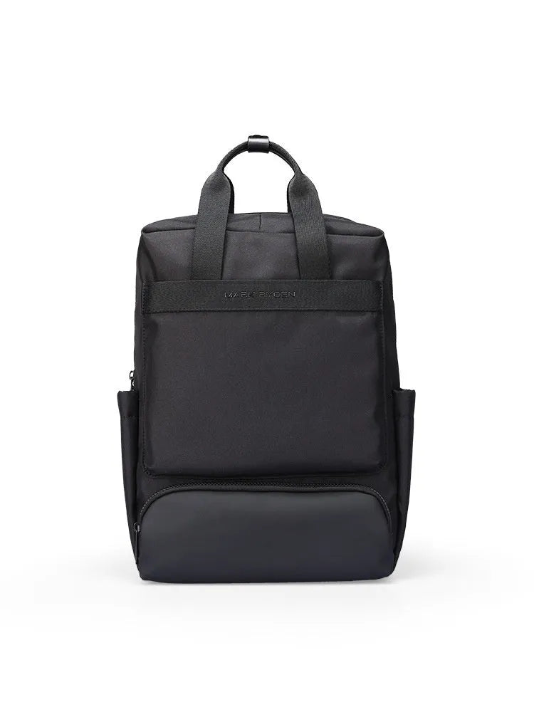 Black Oxford cloth computer backpack showing storage compartments and 20-35 litre capacity