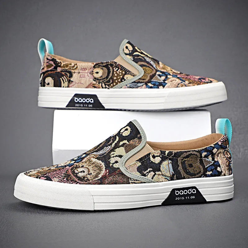 Canvas slip-on sneakers in khaki with vulcanised rubber sole and breathable mesh lining