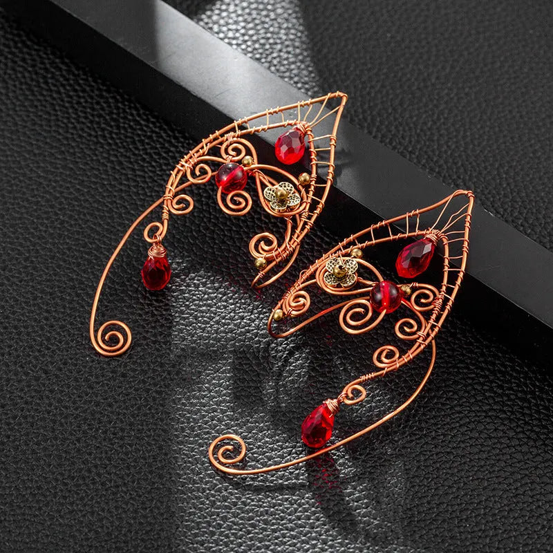 Retro red beads non-piercing copper earrings with electroplated finish, left 141 right 142 or pair