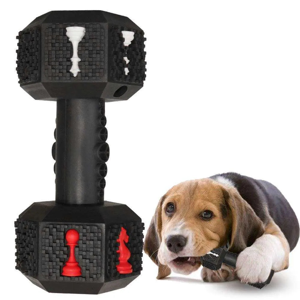 Blue dumbbell-shaped dog chew toy with textured surface and hollow ends for treats