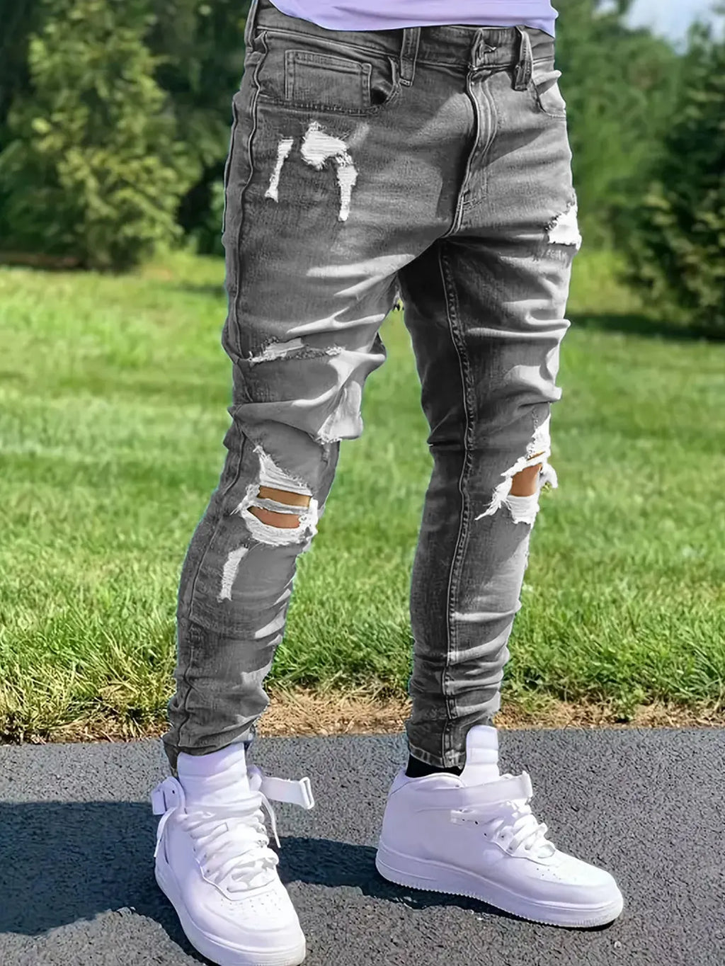Men's ripped straight leg jeans in peacock blue cotton with street style detailing