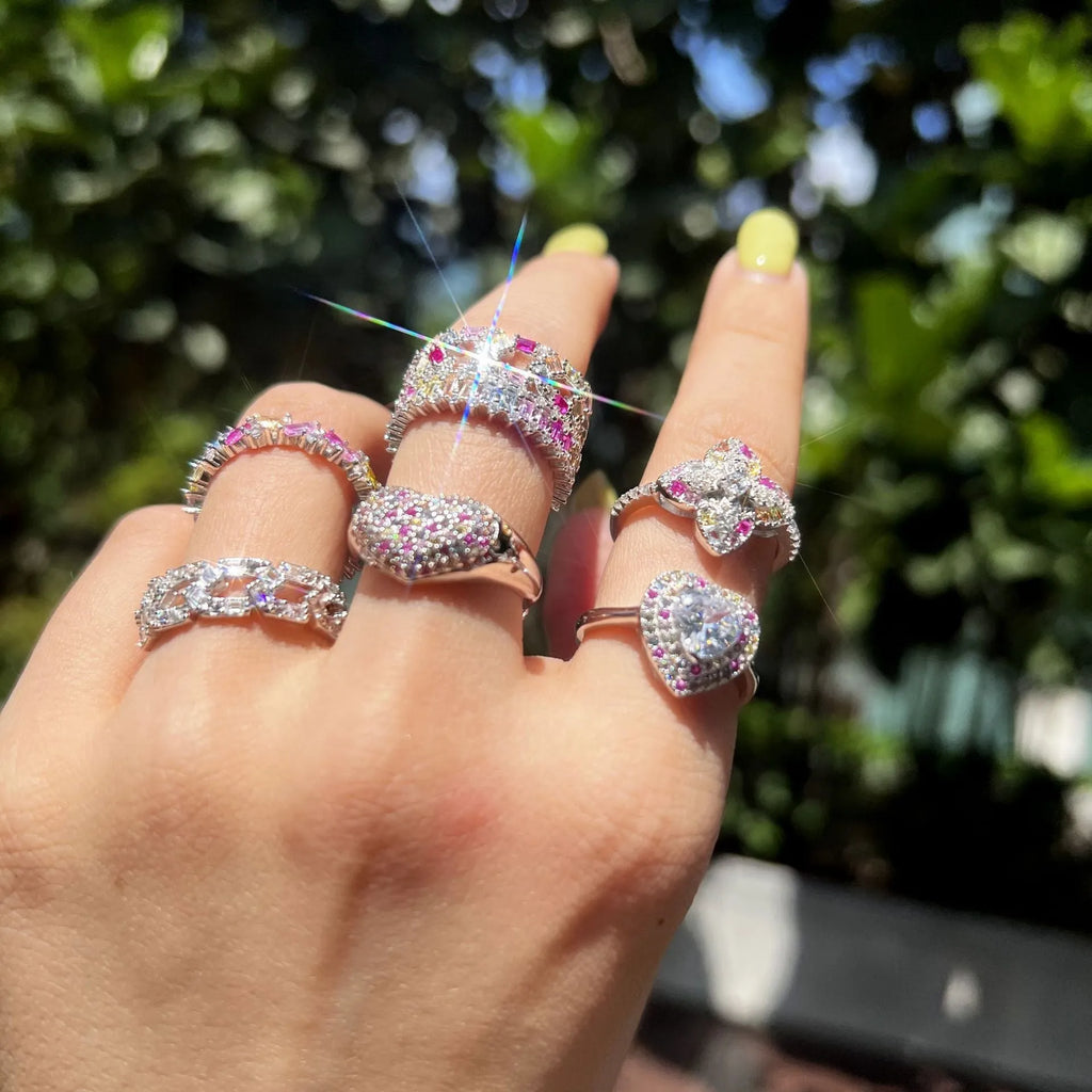 S925 sterling silver ring with colour zircon, geometric round shape, adjustable open band, sizes 5 to 9