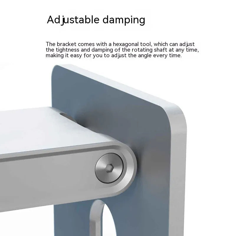 Silver aluminium alloy adjustable desktop stand with phone holder on a desk