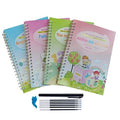 Magic stylus calligraphy practice set for kids showing four colourful copybooks and pens on a table.