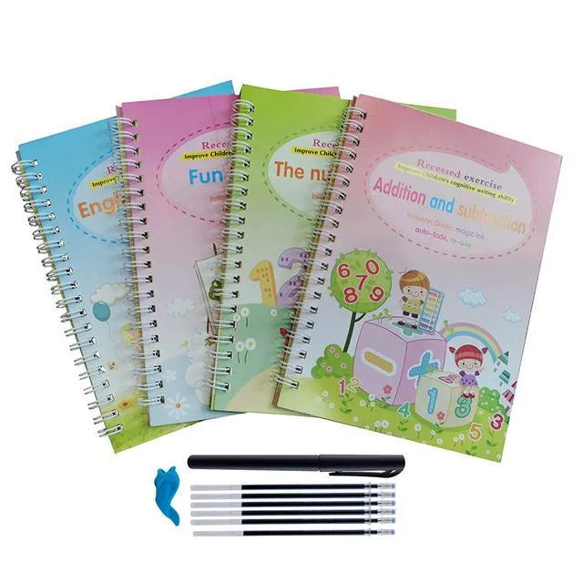 Magic stylus calligraphy practice set for kids showing four colourful copybooks and pens on a table.
