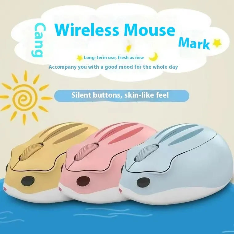Hamster wireless Bluetooth mute mouse in grey, pink and yellow colour options showing compact design