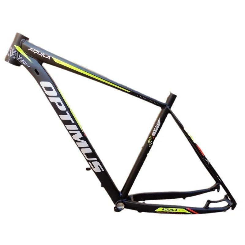 Black green 29-inch aluminium mountain bike frame with disc brake mounts and internal cable routing ports.