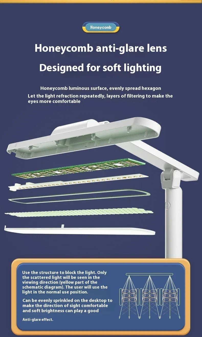 Adjustable black desk lamp with gooseneck arm and clamp, showing three light colour temperature settings.
