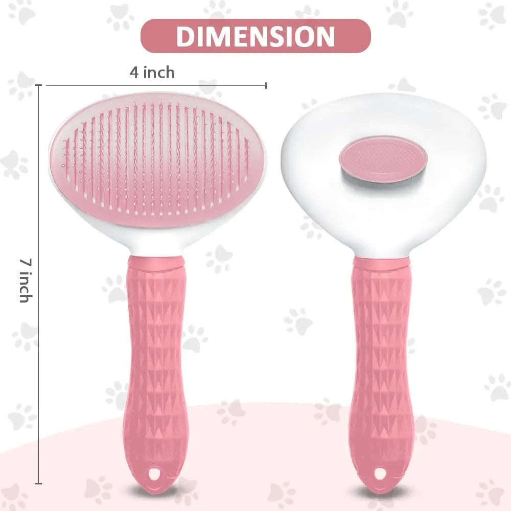 A grey cat grooming brush with a release button and fine wire bristles, shown removing loose fur.