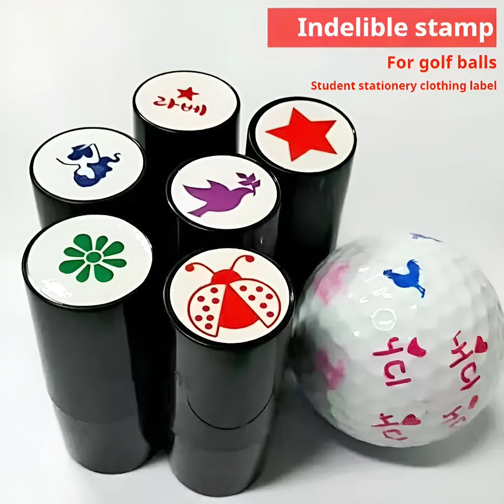 Plastic 20mm round golf ball stamp in black, blue, green, purple, red colours, lightweight 9g