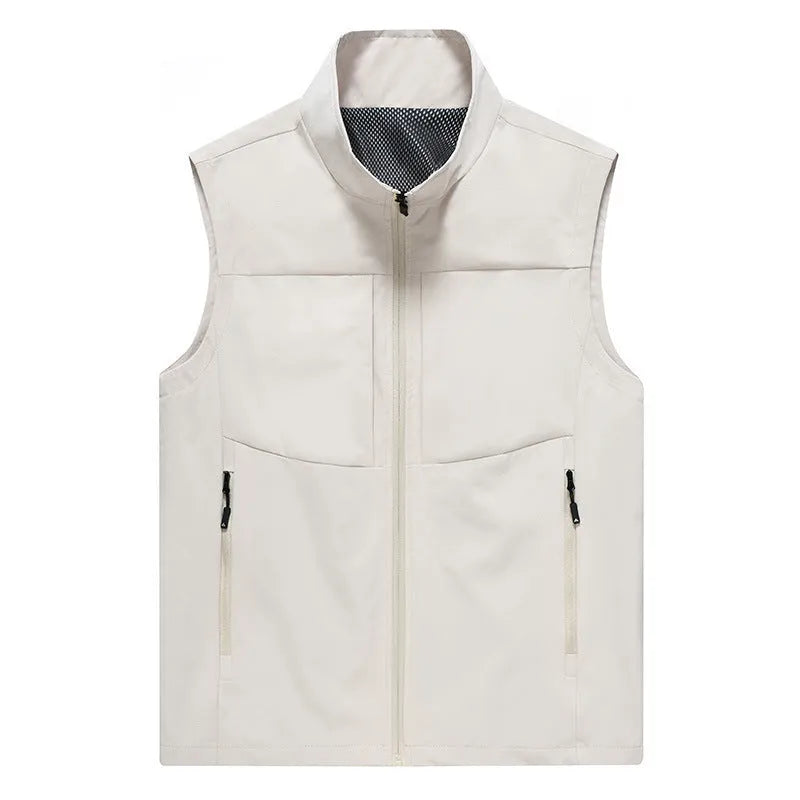 Men's loose fit stand collar cardigan vest in khaki colour with zipper pockets.