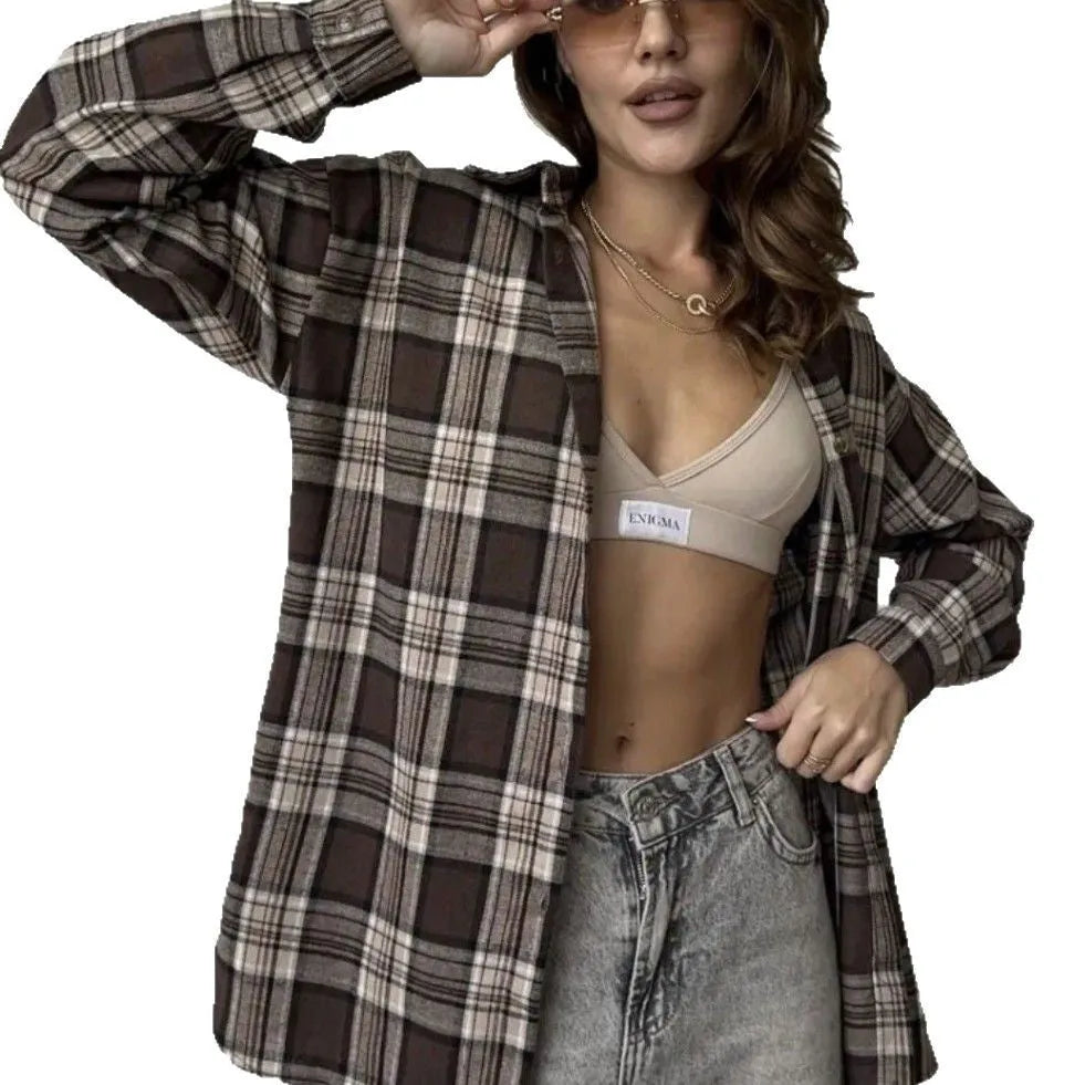 Dark brown striped women's retro shirt with long sleeves and cotton blend fabric