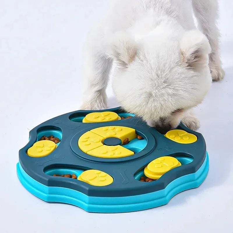 Blue and pink interactive dog puzzle feeder bowl for slowing fast eating and mental stimulation