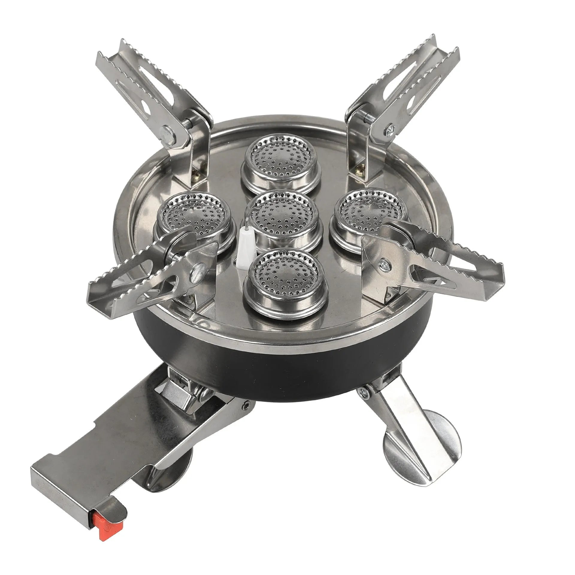 Silver portable folding camping stove with extended copper gas hose, shown on a wooden picnic table.