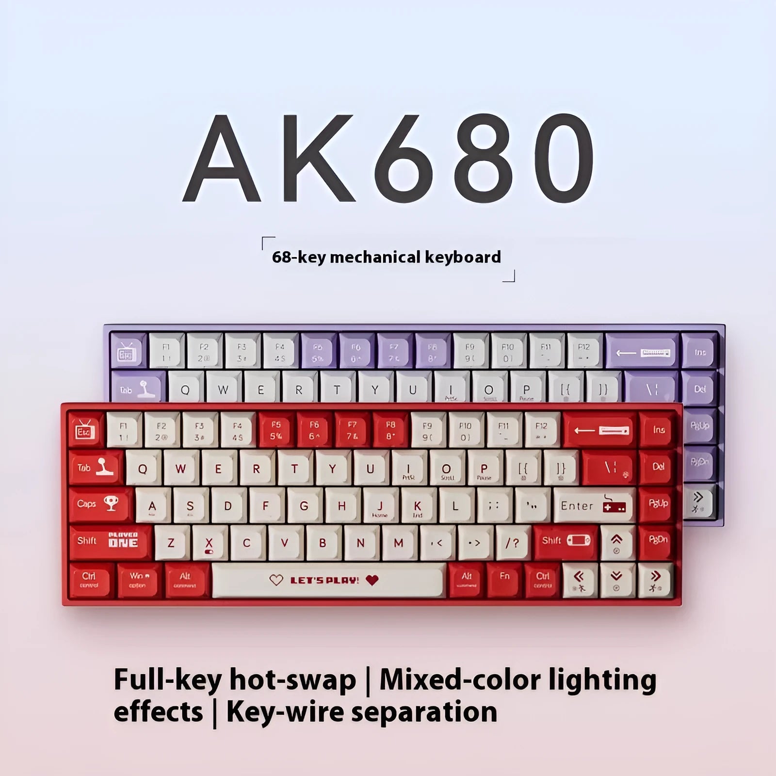 Ajazz AK680 red and white mixed colour hot-swappable mechanical gaming keyboard on a desk.