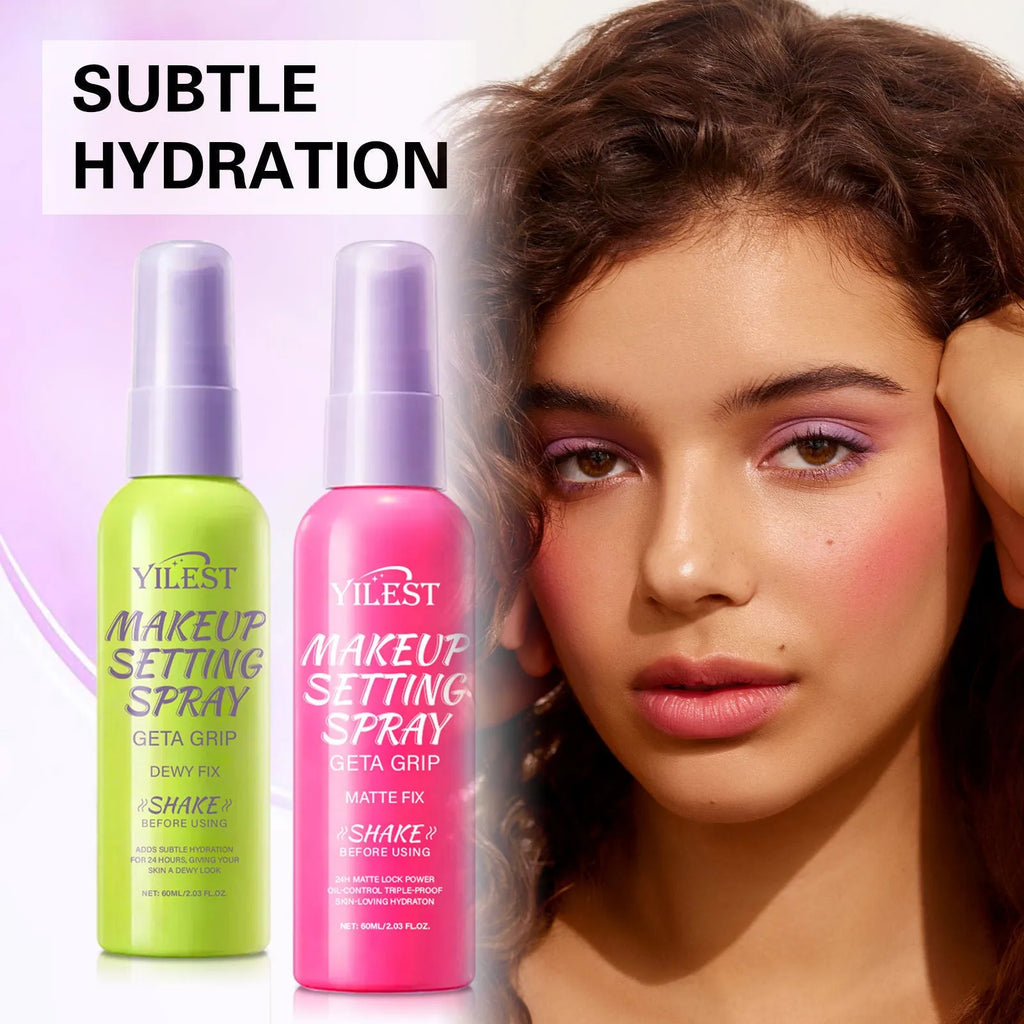 60ml makeup mist spray bottle for facial finishing, available in green or pink, universal skin type