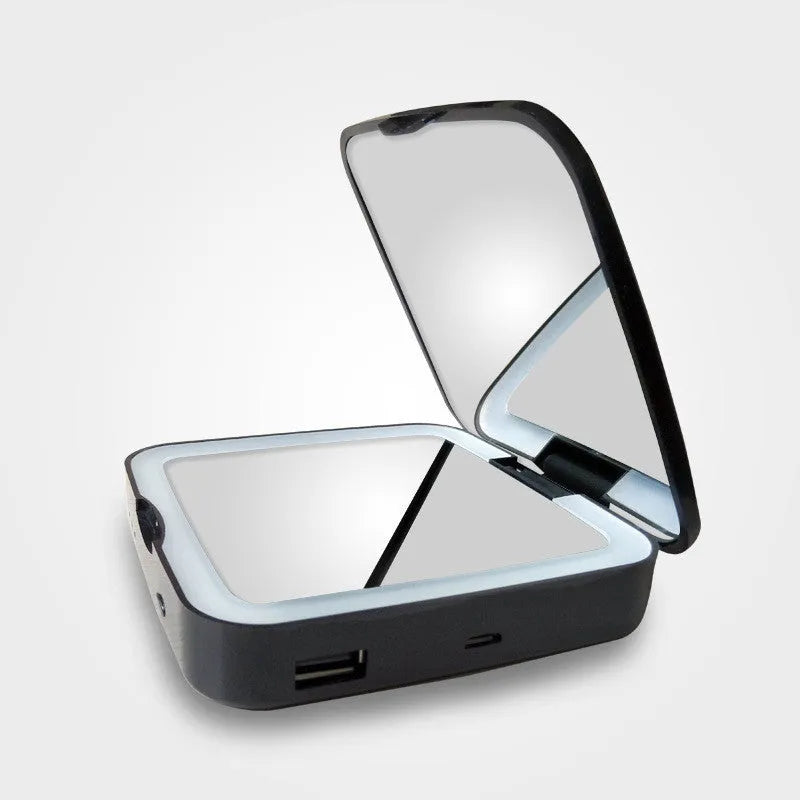 Black and white makeup mirror with magnification, HD mirror, and adjustable warm and cool LED lights.