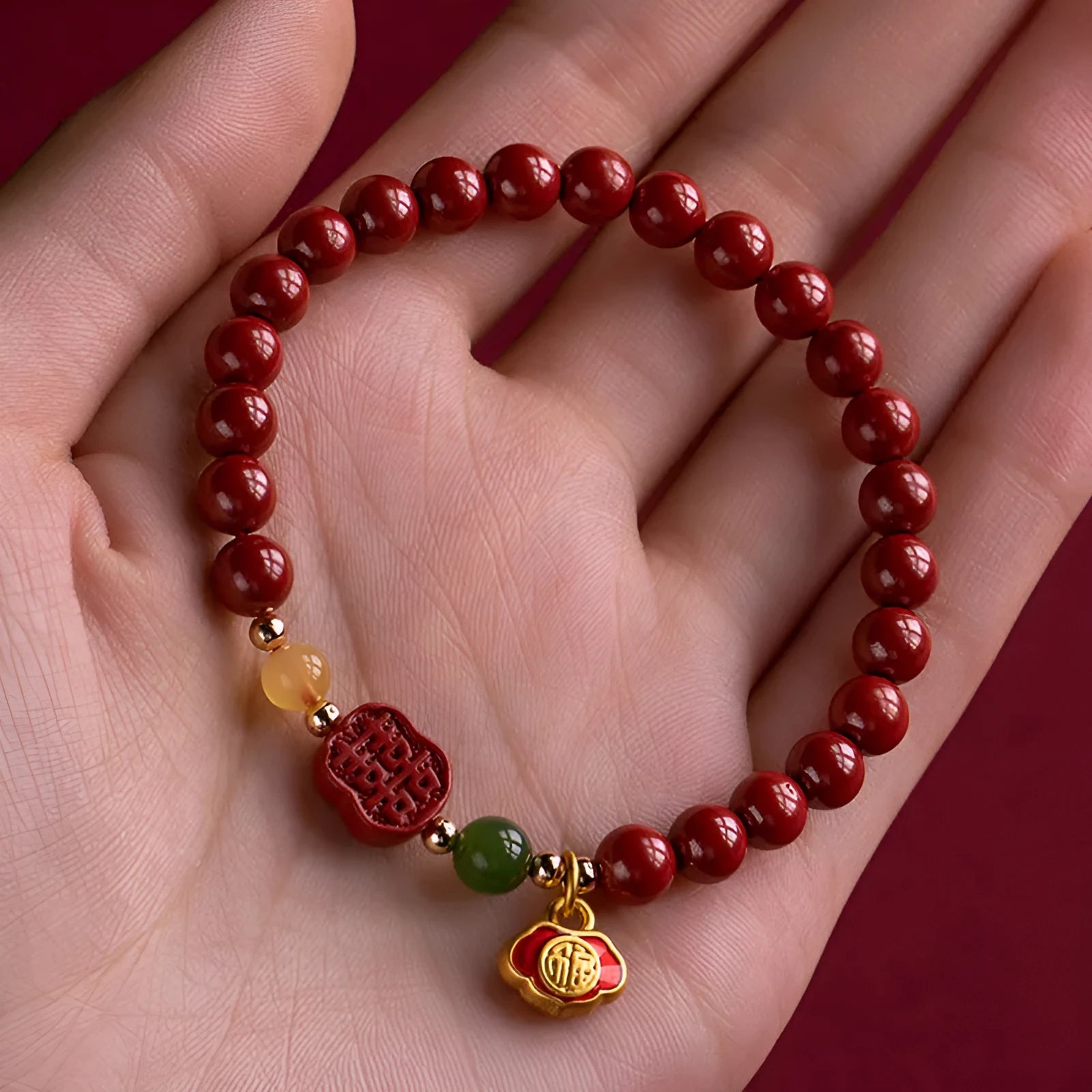 Fu character cinnabar and emperor sandstone beaded bracelet in new Chinese style.