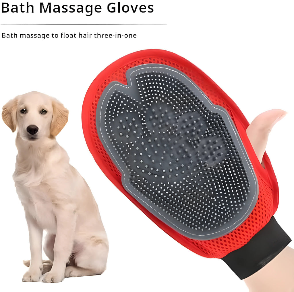 Red pet bathing glove with silicone massage fingers for hair removal during grooming
